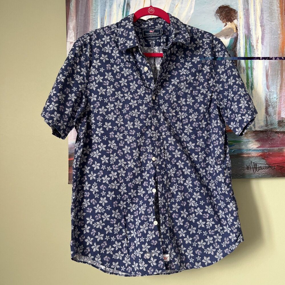 VINEYARD VINES Sz M Men's Slim Fit Murray Blue White Button Down Shirt GOOD